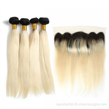 Colored Ombre 613 Blonde Raw Indian Human Hair Extensions Straight Hair Bundles With Lace Frontal Closure